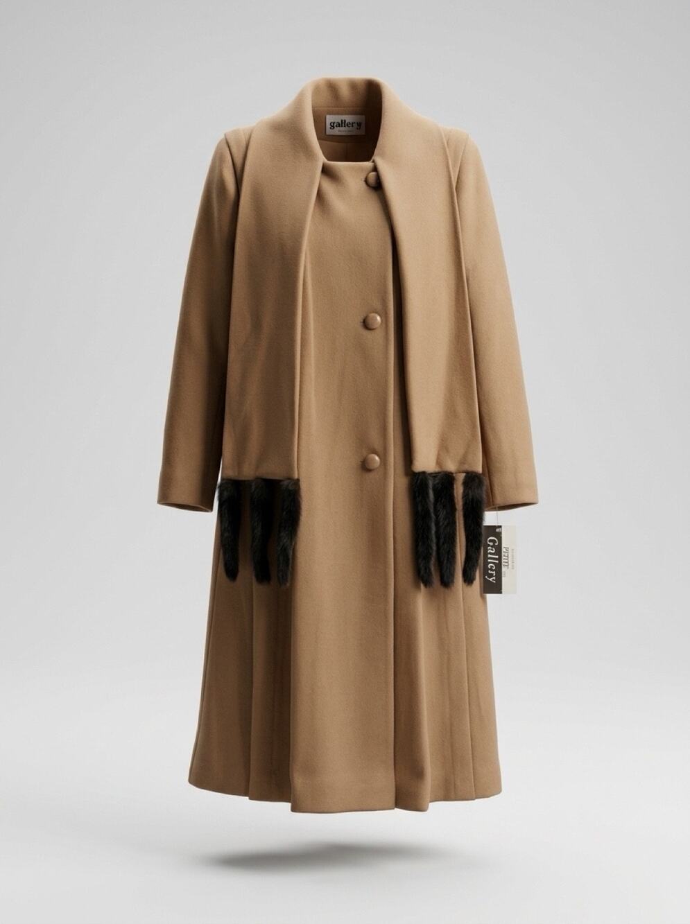 Vintage Gallery 100% Wool Camel Coat Fur Trim Scarf USA Size 10 NWT Deadstock